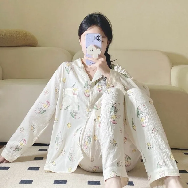 가을, 겨울 여성의 달콤한 줄무늬 긴 소매 사계절 잠옷 학생 잠옷 플러스 사이즈 폴리 에스터 직물 잠옷