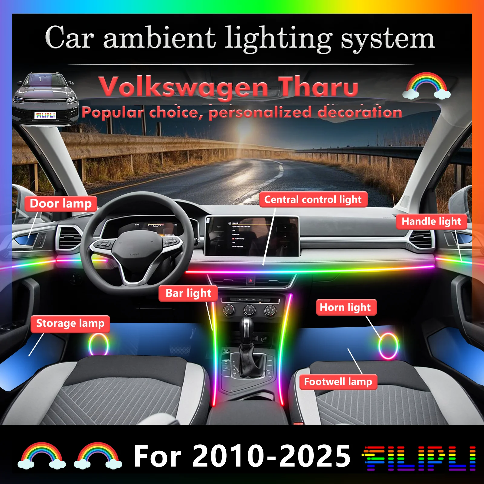 

6 In1 for Volkswagen Tharu series MQB‌ Car LED Ambient Lamps Colorful Atmosphere Light Auto Interior Neon Strip 64 RGB Lighting