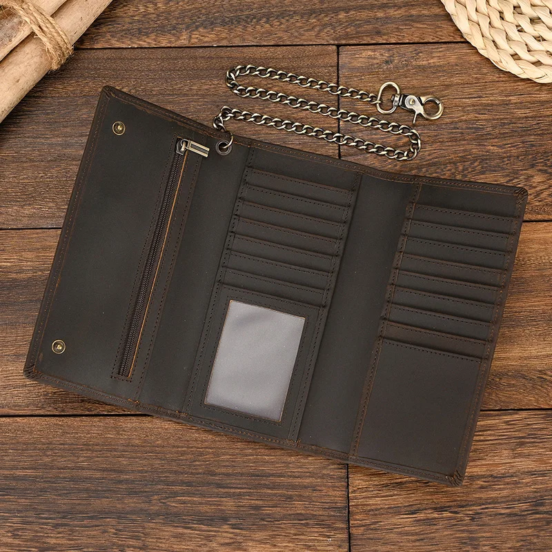 Genuine Leather Leather Clip Purse For Men Multi Card Wallet With Iron Chain Wrist Men Purse For 6 Inch Mobile Phone Pouch Coins