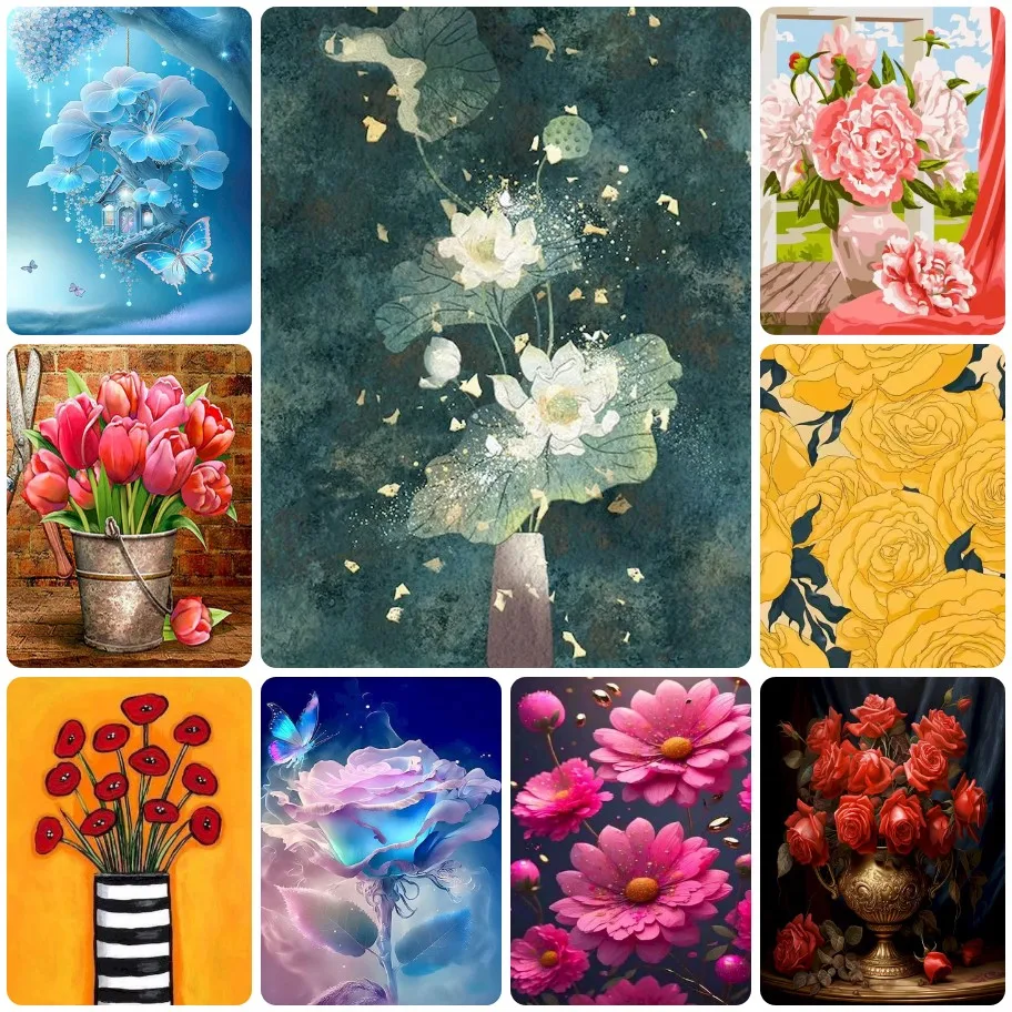 5D DIY Multi Style Flower Diamond Painting, Lotus Tulip Rose Peony Floral Art Set, Great for Living Room Wall Decor and Gifts