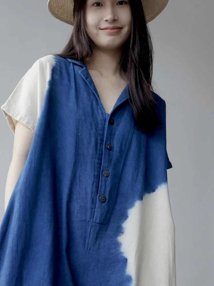 

Комбинезон ручной работы из чистого хлопка с индиго-окрашиванием, оверсайз, с широкими штанинами, в цветах ти-дай, универсальный, со средней талией, длинный.