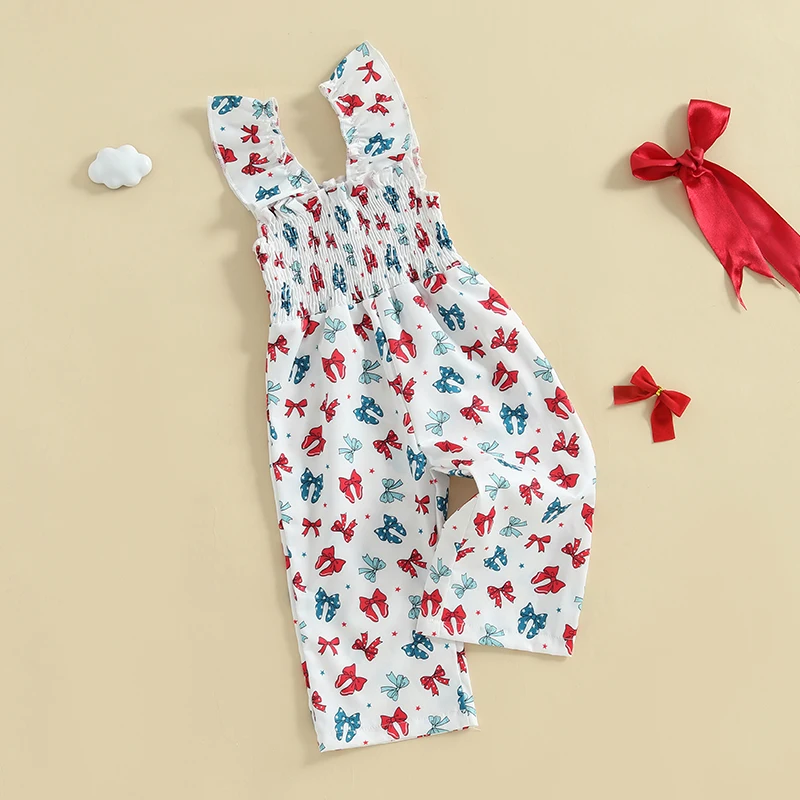 Cute Baby Girls Floral Print Ruffle Sleeve Romper Jumpsuit Toddler Summer Overall Suspender Pants Bowknot Outfit