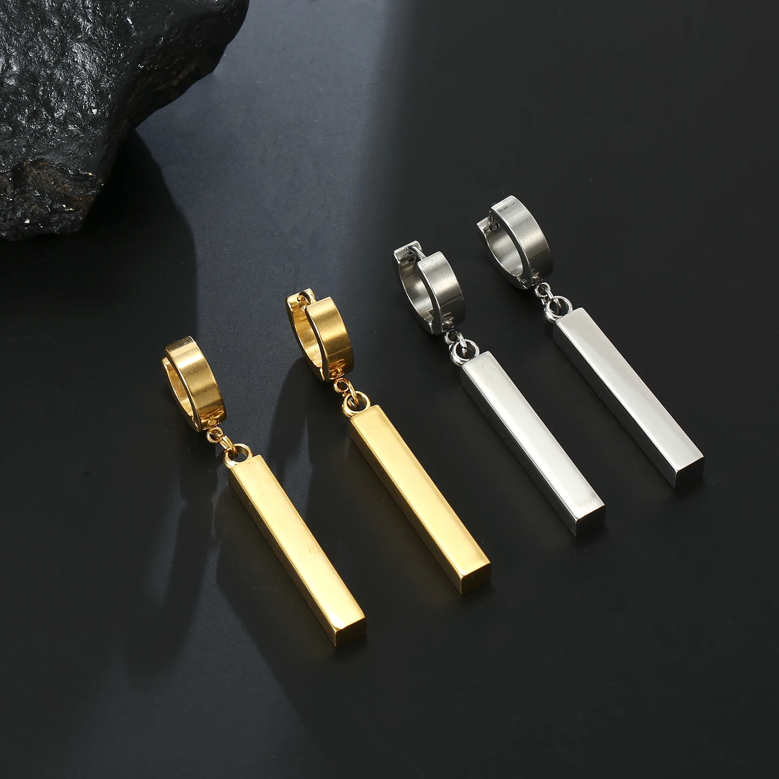 My Shape Men Bar Cuboid Stainless Steel Pendant Earrings Punk Geometric Stick Circle Drop Earring Ear Clip Fashion Party Jewelry