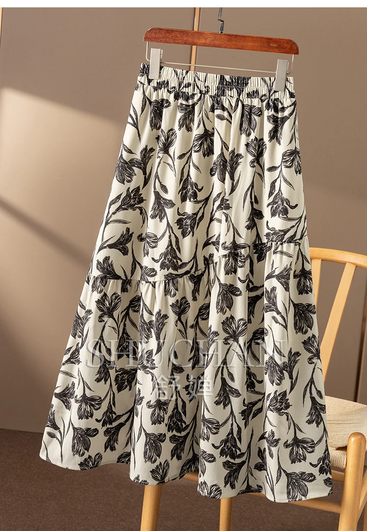 Light and Elegant, French Art Printing 2M + Large Pendulum High Waist Elastic A-shaped Skirt Women 29C1