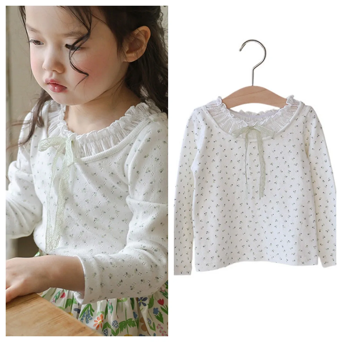 

Футболки для девочек, новинка весны 2024, детские милые хлопковые кружевные топы с цветочным принтом, футболка