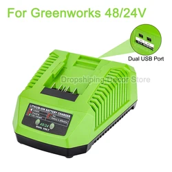 Replacement Battery Charger for Greenworks 48/24V Li-ion Battery Electric Tool Wrench Drill Saw Battery Charger With USB Ports