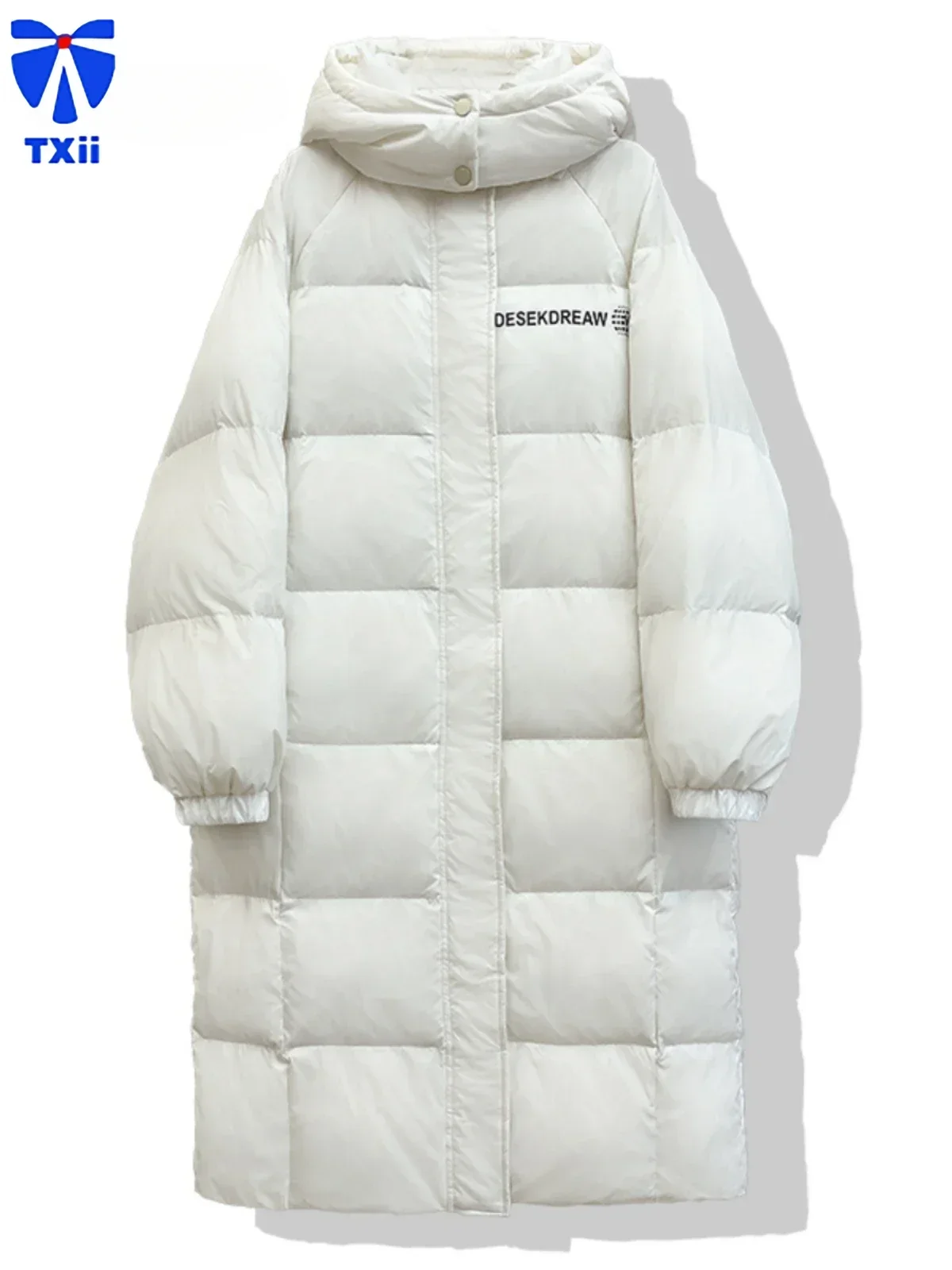 TXii Down jacket women's winter long straight tube earth new thick warm hooded over the knee loose  white duck down jacket