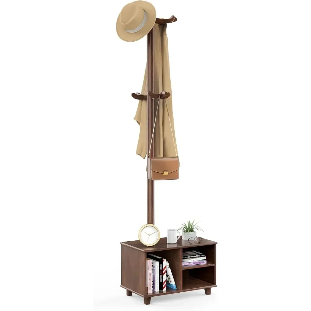 Hat rack, independent wooden hat rack tree with storage cabinet and 12 hooks, sturdy hat rack for living room and office