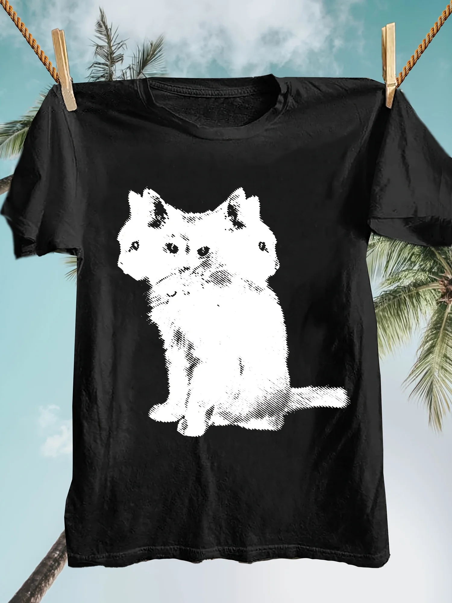 Men's Black T-shirt with White Cat Print Retro Simple Street Hip Hop Short Sleeve Soft and Comfortable Breathable Cat Lovers