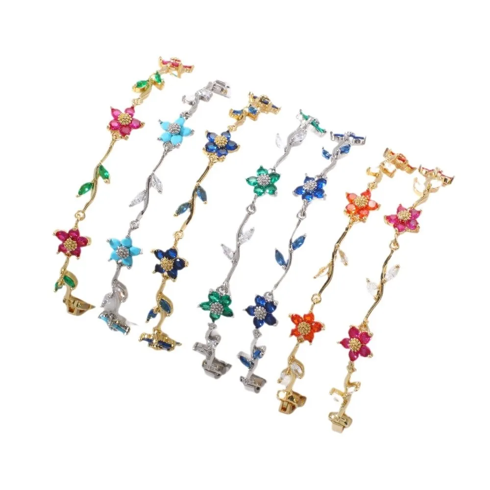 Stainless Steel Stackable Bracelets Shiny Rhinestone Multiple Color Cubic Zirconia Bracelets Leaves Flower Bracelet Women