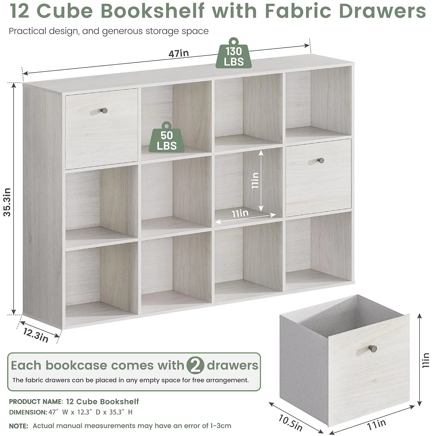 12-Cube Storage Organizer White with 2 Fabric Drawers Open Shelf Freestanding Cubicle Rack for Bedroom Living Room Office, Custo