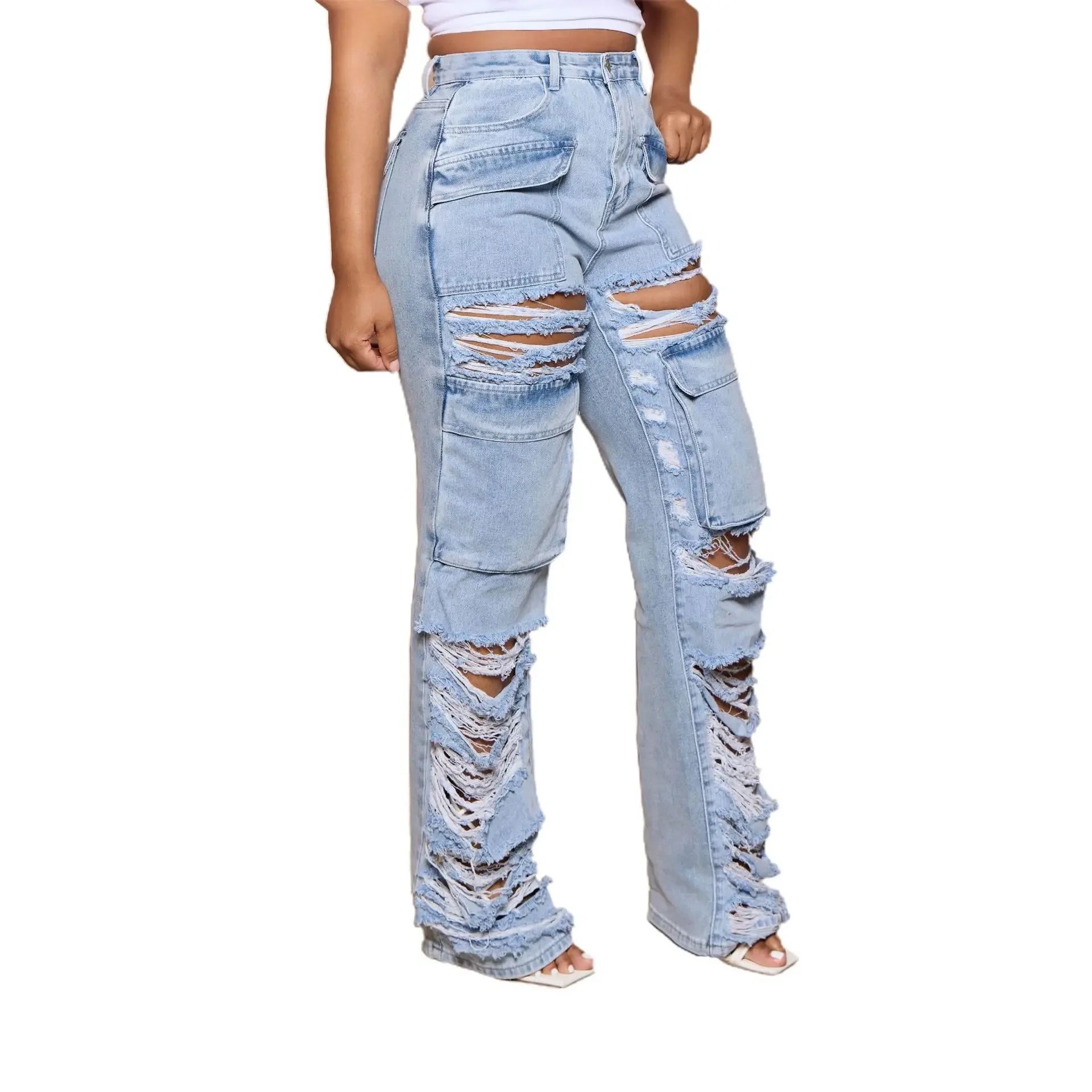 

Ripped Hole Women Jean Distressed Straight Pants Denim Ankle Length Jeans High Waist Pockets Loose Spliced Punk Vintage