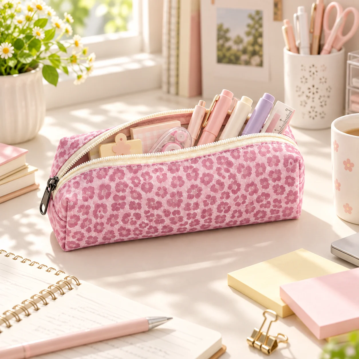 Printed Pencil Case Portable Zipper Pen Pouch Floral Leopard Stationery Organizer School Office Study Travel Storage Bag