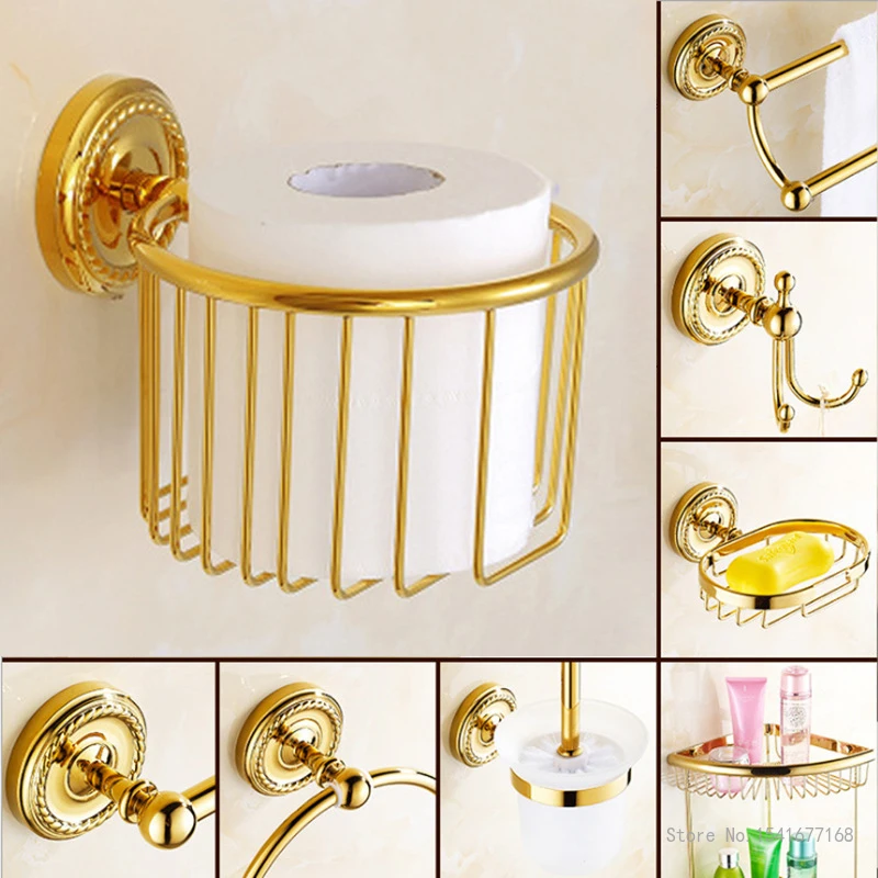Golden Towel Rack Hair Dryer Frame Copper Hardware,Clothes Hook,Toilet Brush Cup Holder Soap dish Bathroom Accessories, 1Pc