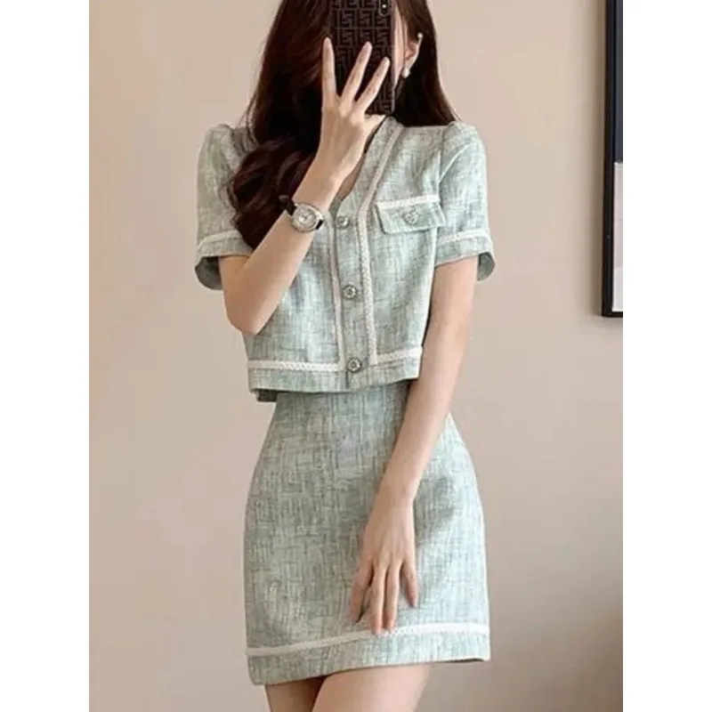 French Vintage Small Fragrance Two Piece Set Women Short Jacket Coat + Mini Skirt Sets Korean Fashion Summer 2 Piece Outfit