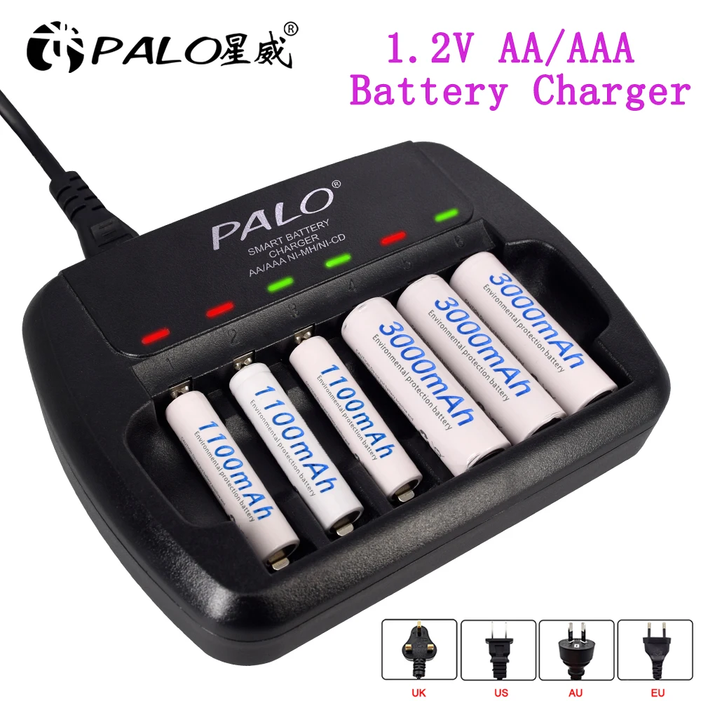 6 Slot 1.2V NiMH AA/AAA Rechargeable Battery Charger LED light Display Smart Battery Charger for 1.2V Ni-MH Ni-CD AA AAA Battery