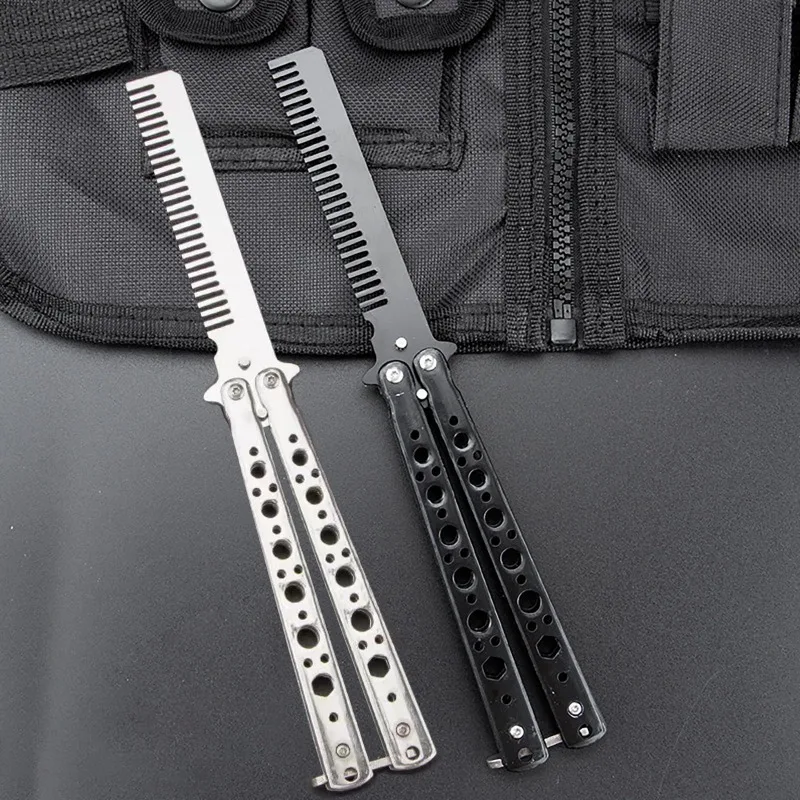 Foldable Comb Stainless Steel Practice Training Butterfly Knife Comb Beard Moustache Brushe Salon Hairdressing Hair Styling Tool