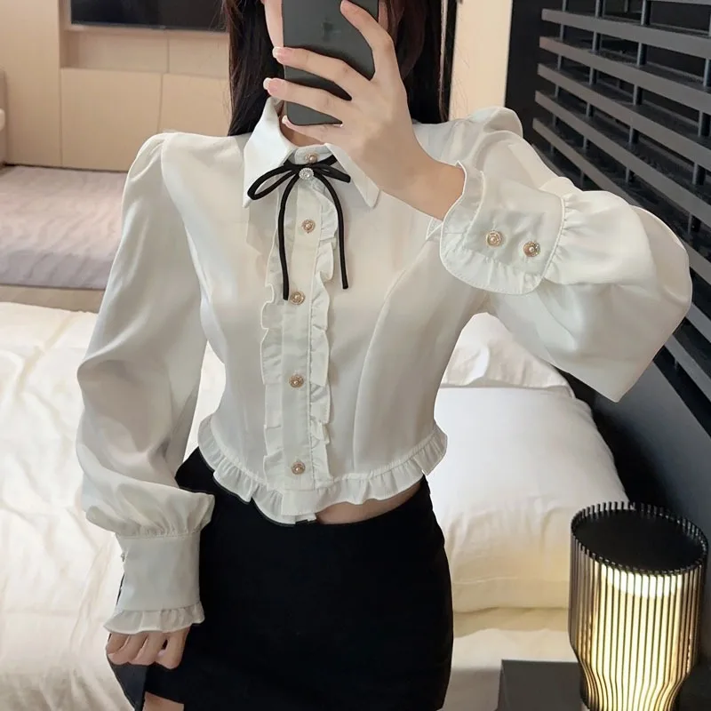 Set Blus Pinggang Tinggi Warna Putih Manis dan Pedas dengan Rok Lipit untuk Wanita, Ensemble Musim Gugur