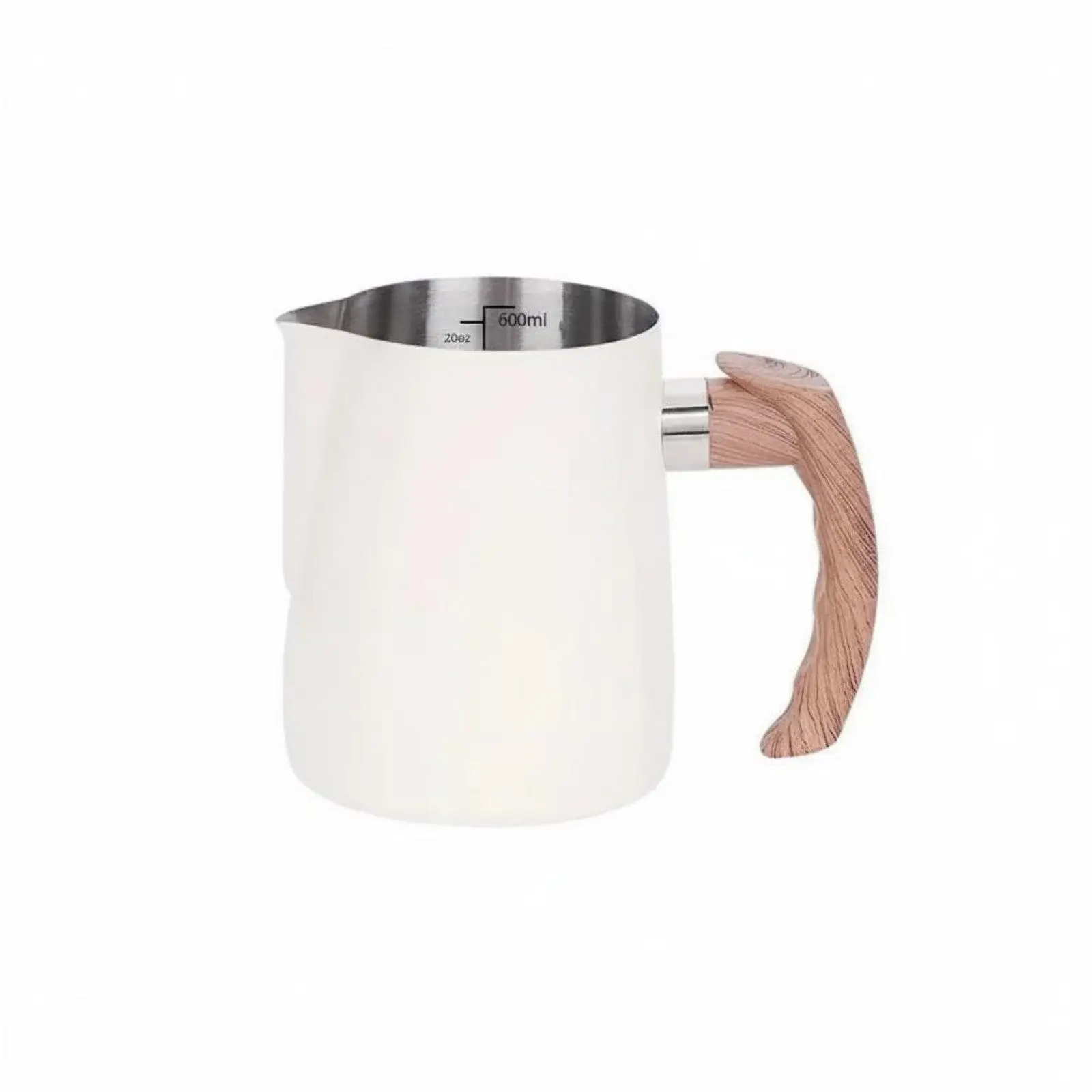 Milk Frothing Pitcher with Heat-resistant Wooden Handle Stainless Steel Steaming Jug Accurate Markings for Home Coffee Making