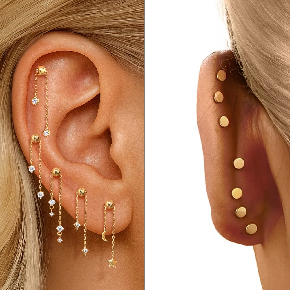 AIDE 1 pieza Piercing Plata de Ley 925 pequeño pendiente de circón para mujer tendencia cartílago de la oreja joyería fina pendiente de cadena de ópalo