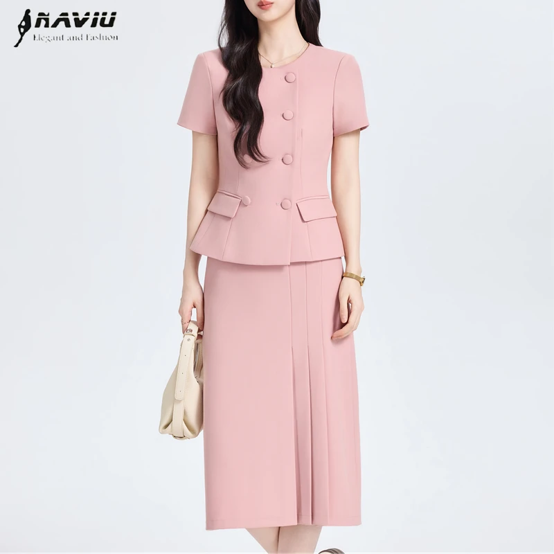 

Летний модный повседневный костюм NAVIU: элегантный двубортный блейзер и юбка для женщин, офисный комплект из двух предметов, рабочая одежда.