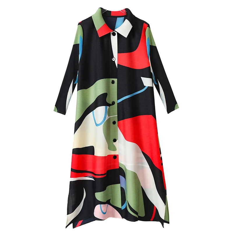 レディース オフィス 通勤 プリーツ シャツワンピース カラーブロック プリント ラペルカラー シングルブレスト ミディアム丈 スリット入り ミニマリストスタイル