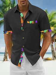 Camisa masculina de manga curta com gola flip, cor sólida, bolso patchwork, camiseta casual, camisa havaiana, moda verão, série Tiki, novo, 2024