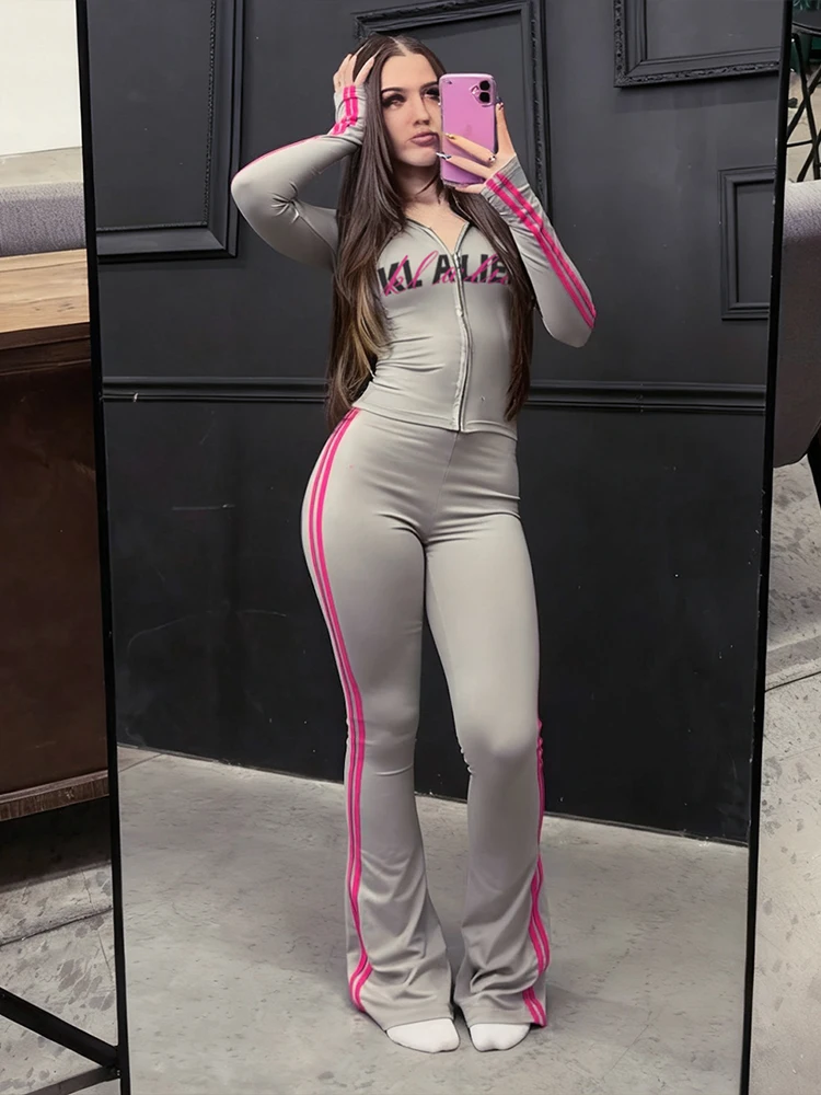 Cutenew 스포티 한 편지 인쇄 2 조각 세트 여성 트랙 수트 탄성 후드 재킷 + 바지 캐주얼 타이트 매칭 스트리트웨어 의상