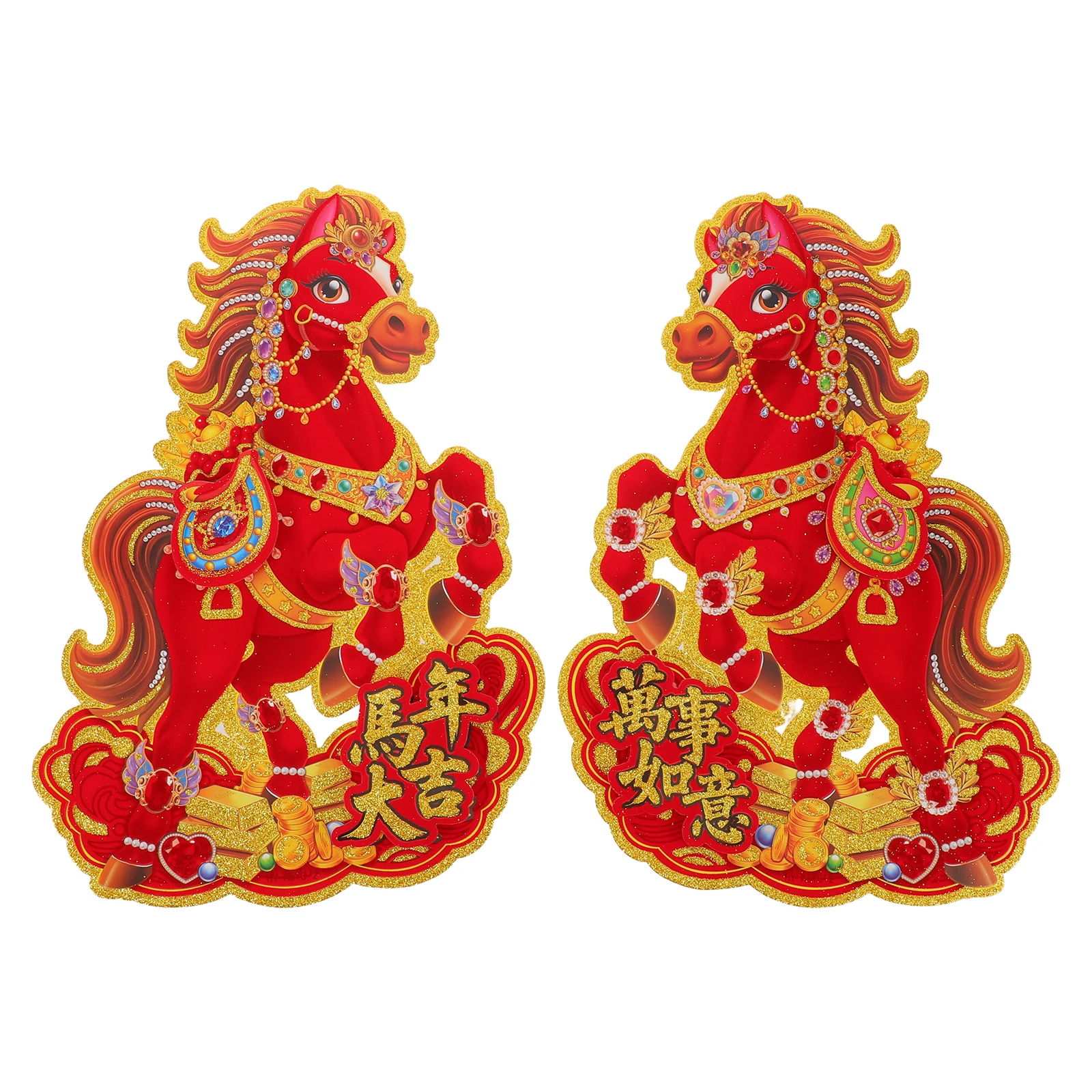 2Pcs Lunar New Year Door Decorations Year of Horse Red Spring Festival Wall Stickers Holiday Prosperity Signs for Home Office