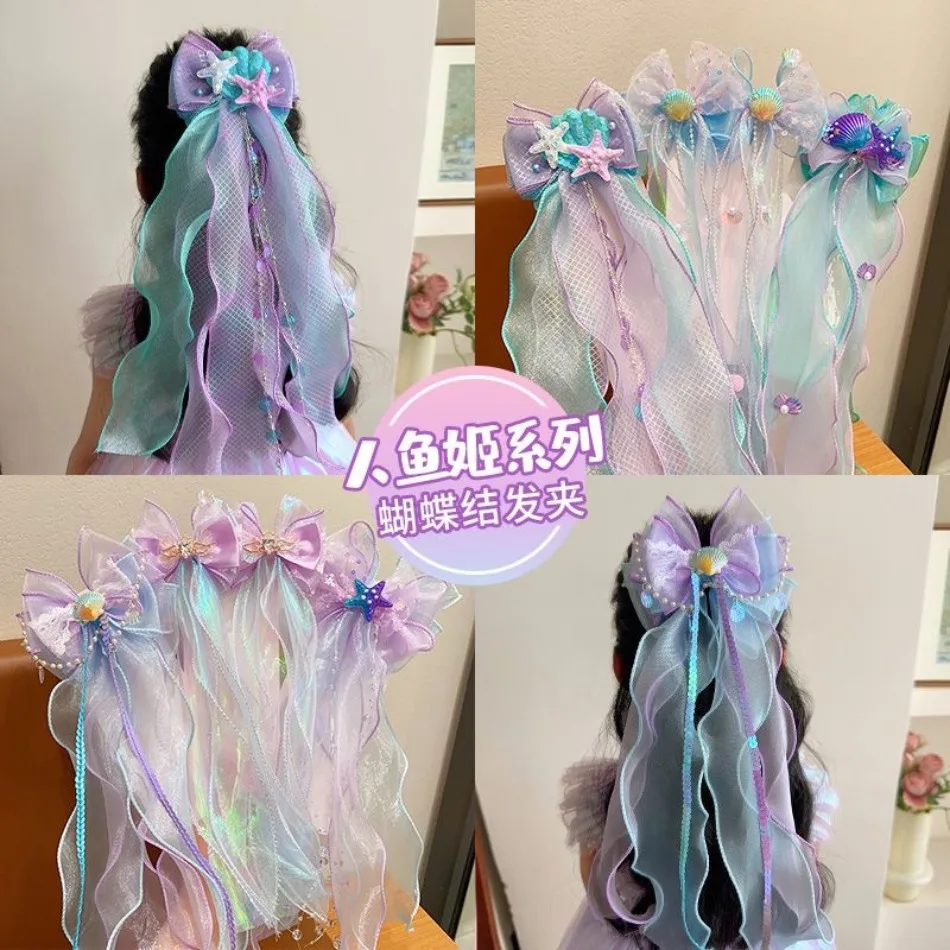 Girls Mermaid Headwear Children's Princess Bow Hairpin Girls' Floating Yarn Braided Hair Clip Mermaid Maiden Hair Accessory HP01
