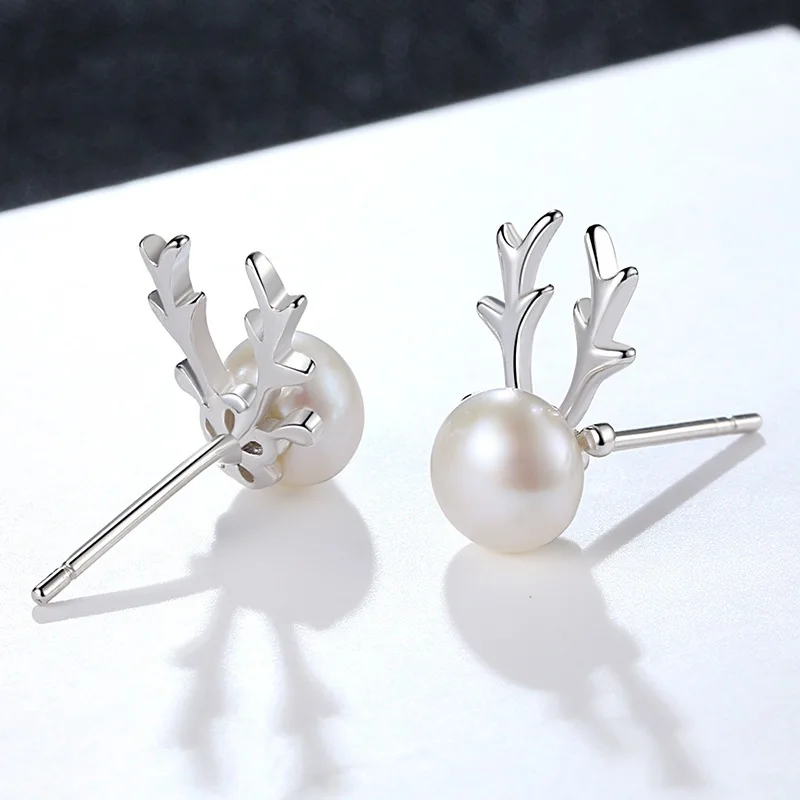 Simple Feminine Small Elk S925 Sterling Silver Stud Earrings Featuring Silver Pearl Animal Antlers Jewelry For Girls And Women