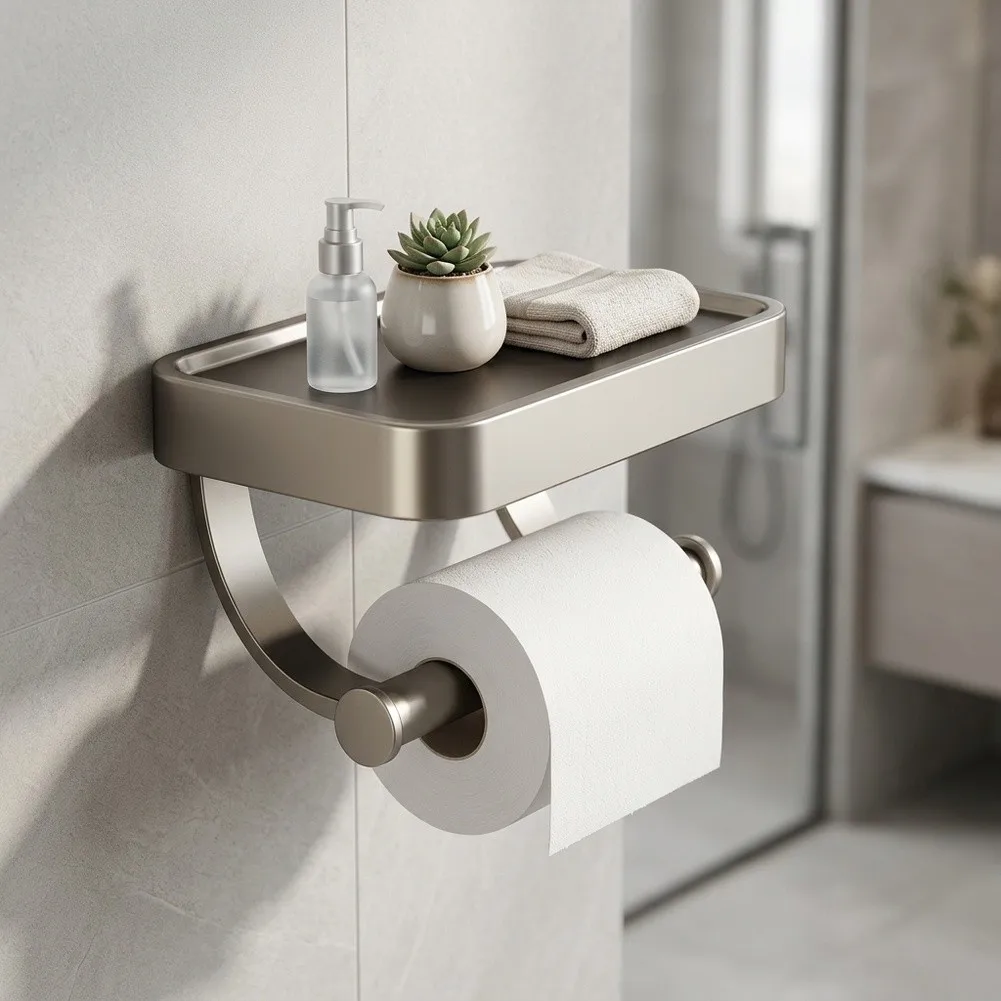 Mounting Hole Distance 5.1 Inch Zinc Alloy Toilet Paper Holder with Shelf and Phone Stand for Easy Installation