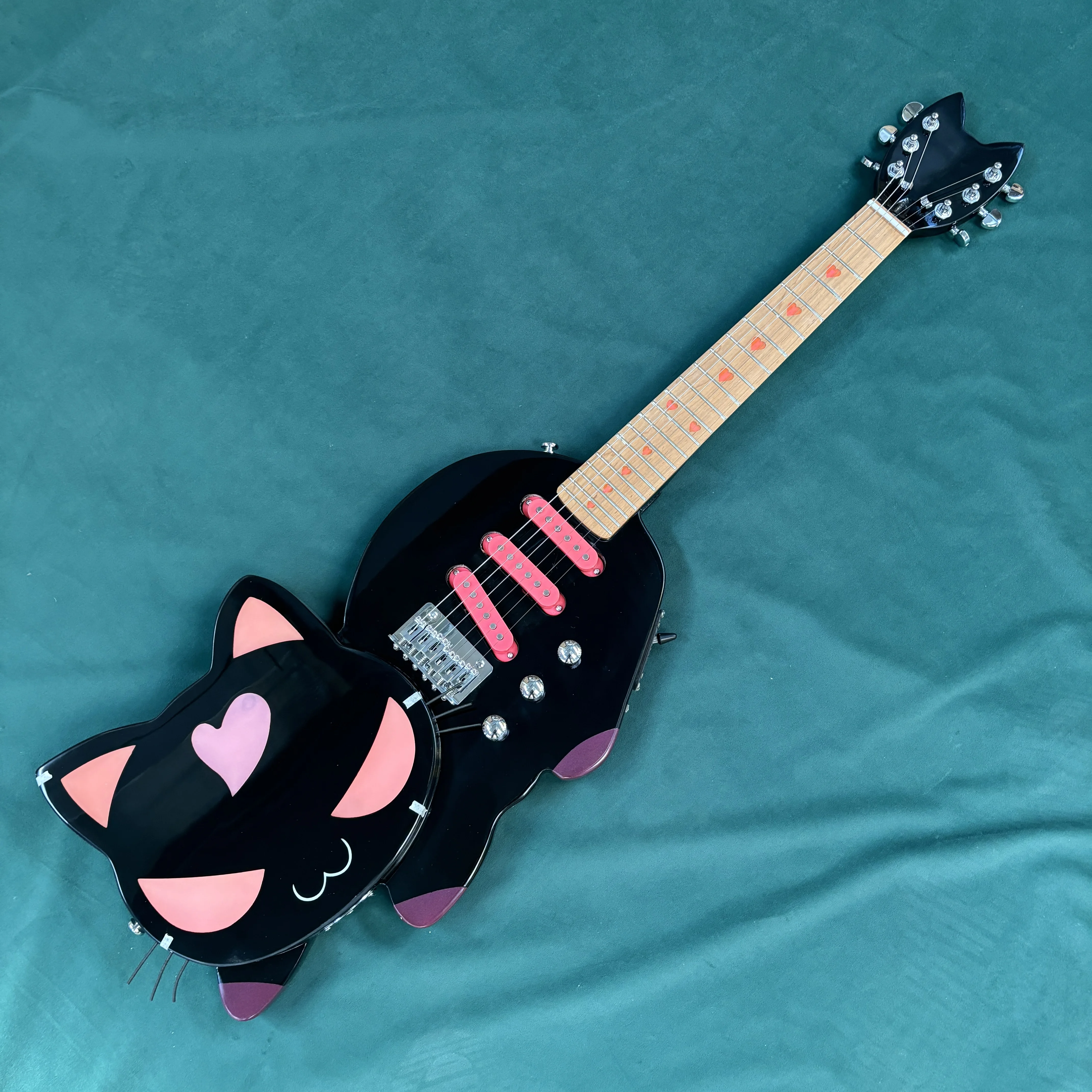 6-string black electric guitar, cat shaped, cute guitar, with lights, holiday gift guitarra