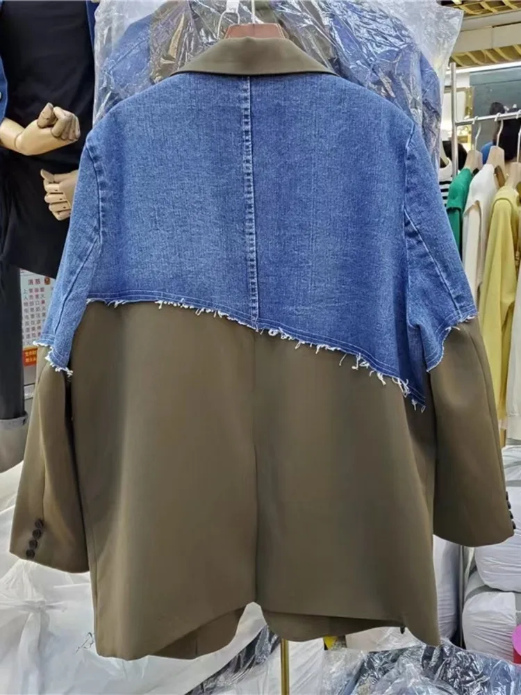 Imagem -04 - Blazer Denim Vintage Emendado para Mulheres Cabolsa Solto Entalhado Peito Único Manga Longa Terno Feminino Primavera Outono Novo 2023