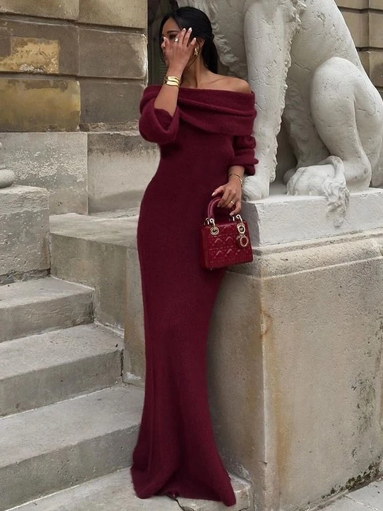 Trendix Elegant Knit Burgundy Dress Femme Slim Long Sleeve High Waist Maxi Dresses Party Sexy Off Shoulder Knitwear Dress Winter