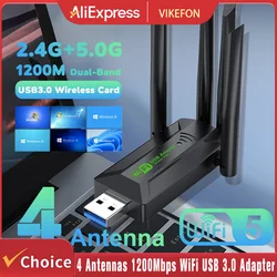 Original 4 Antennas 1200Mbps WiFi USB 3.0 Adapter 2.4G/5GHZ Dual Band WiFi Dongle Wireless Network Card 802.11AX For Win 10/11
