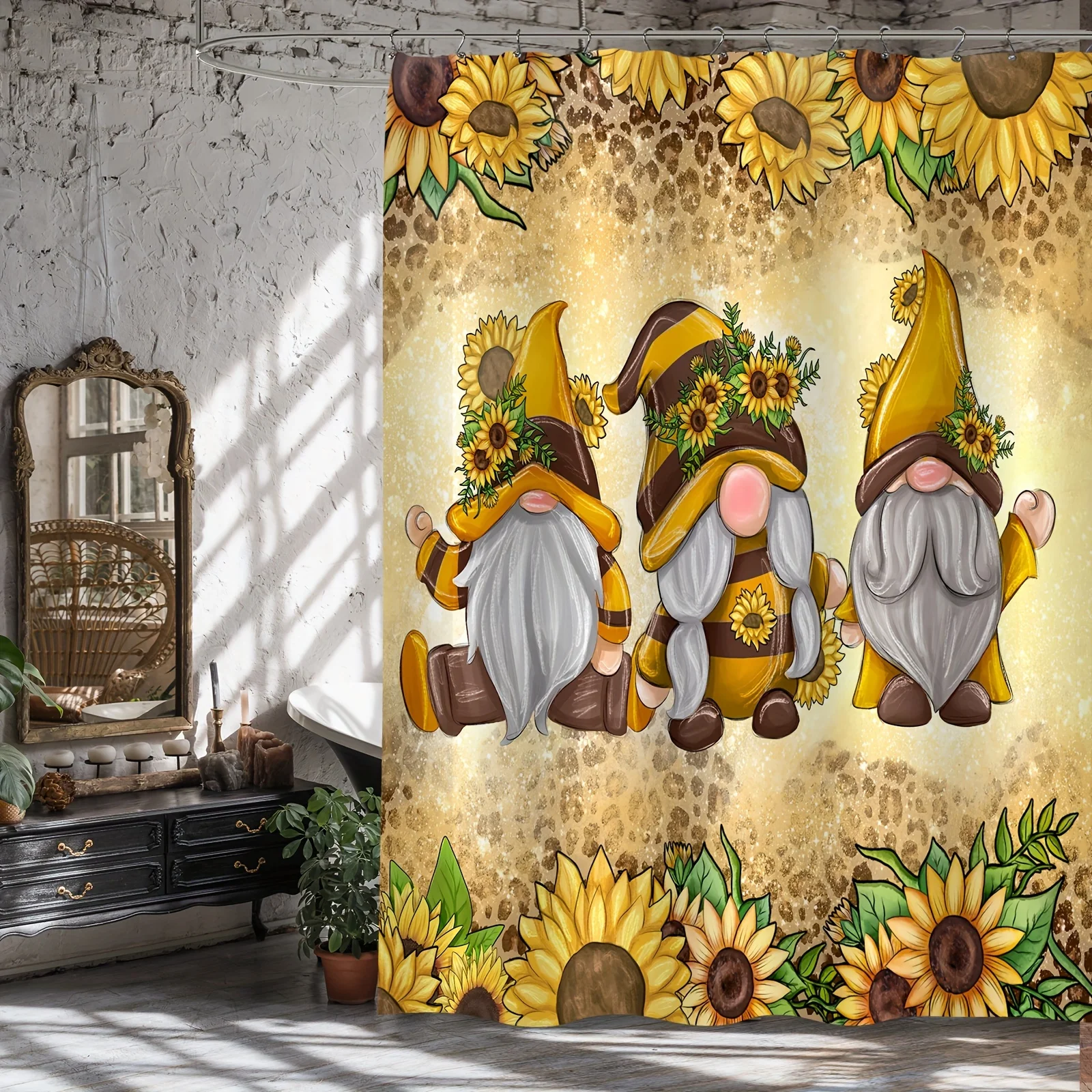 Sunflower Gnomes Bathroom Set: Shower Curtain, Mat, Towel, Toilet Cover - 4Pcs Waterproof Decor for a Cozy Bath
