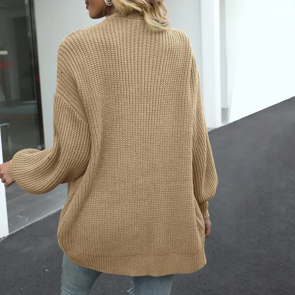 

Comfortable Cardigan Stylish Women's Collarless Lantern Sleeve Sweater Coat Solid Color Loose Fit Outwear with Open Front