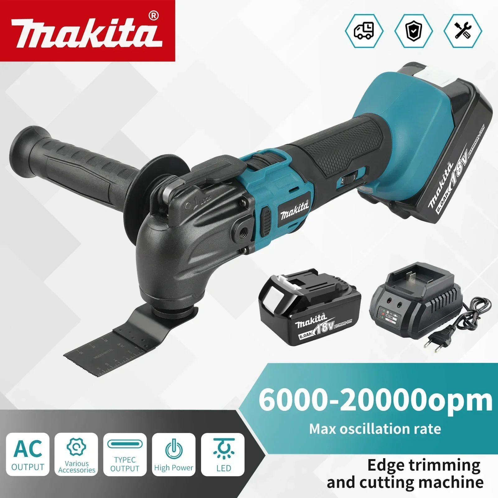 Makita Coupeur 18 V : 6 vitesses, batterie Li-ion 18/20 V, longueur 340 - 326 mm, multi-usages pour scier, couper, pelleter