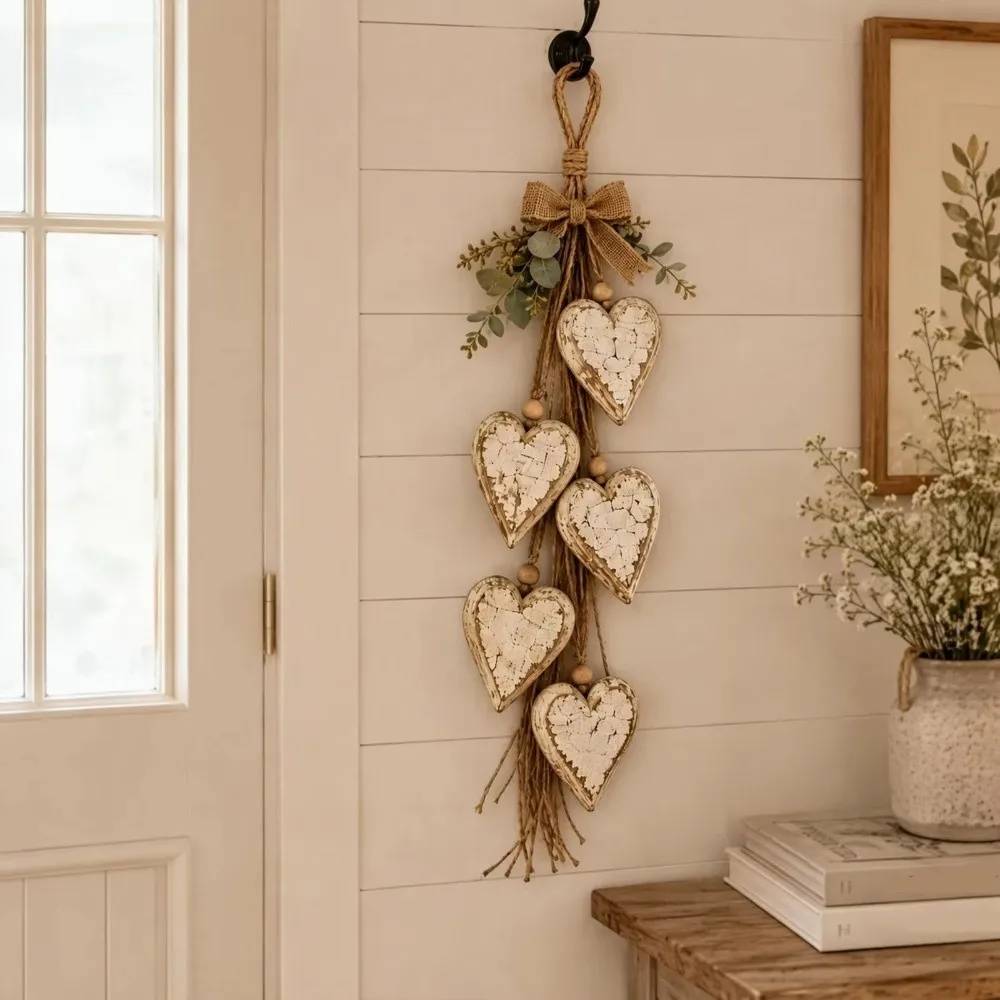 Rustic Farmhouse Wooden Heart Wall Hanging Fall Maple Leaf Distressed Heart String Pendant Nautical Style Vintage