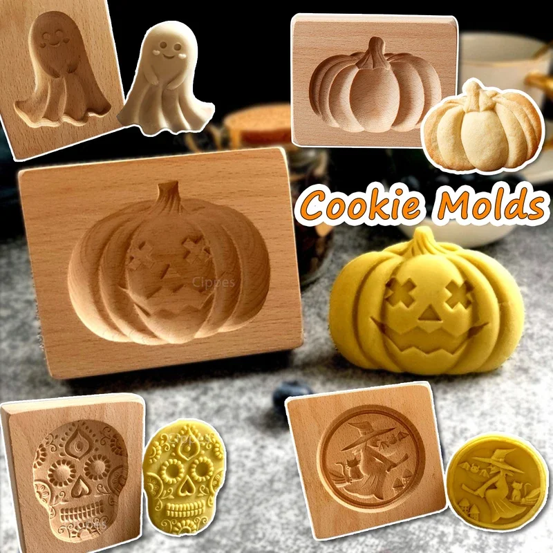 3D Embossed Wooden Embossed Cookie Molds for Halloween, Gingerbread Baking, Pumpkin Skull, Ghost Witch, Jack O 'Lantern