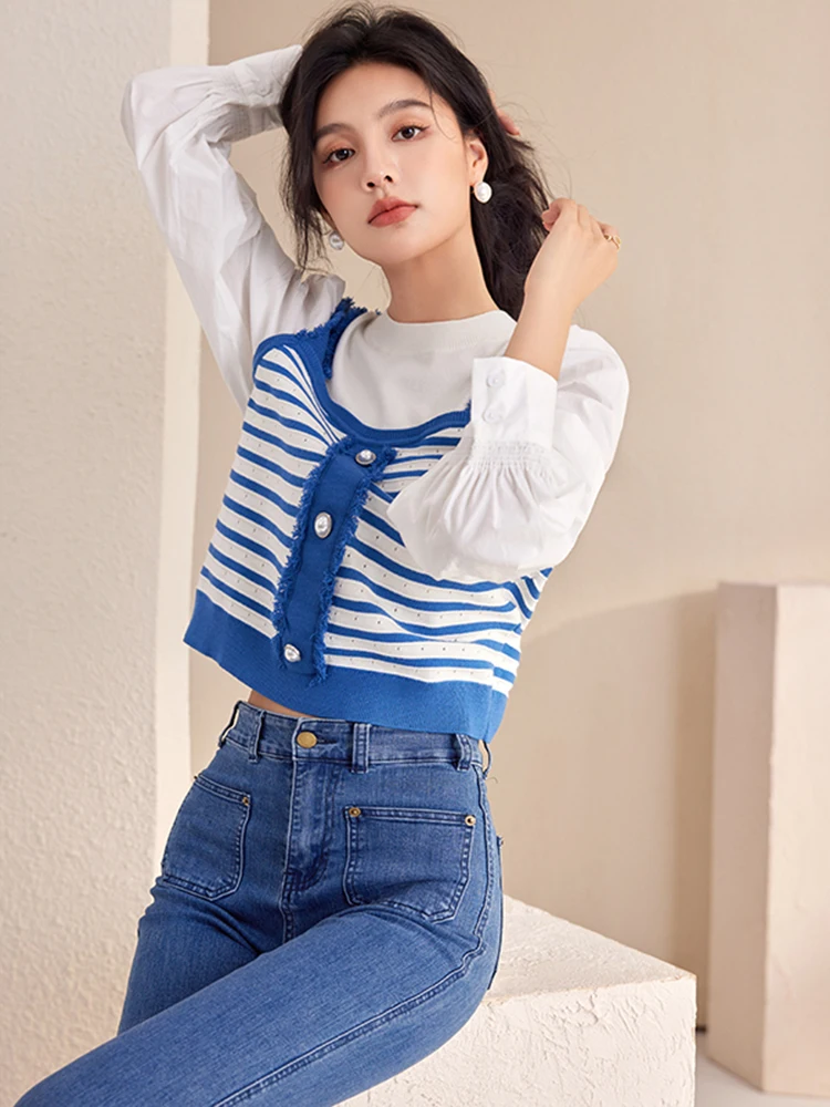 Fake Two Piece Patchwork Knitted Tops Korean Style Long Sleeve Round Neck Top Women Loose Casual Versatile Striped Shirt