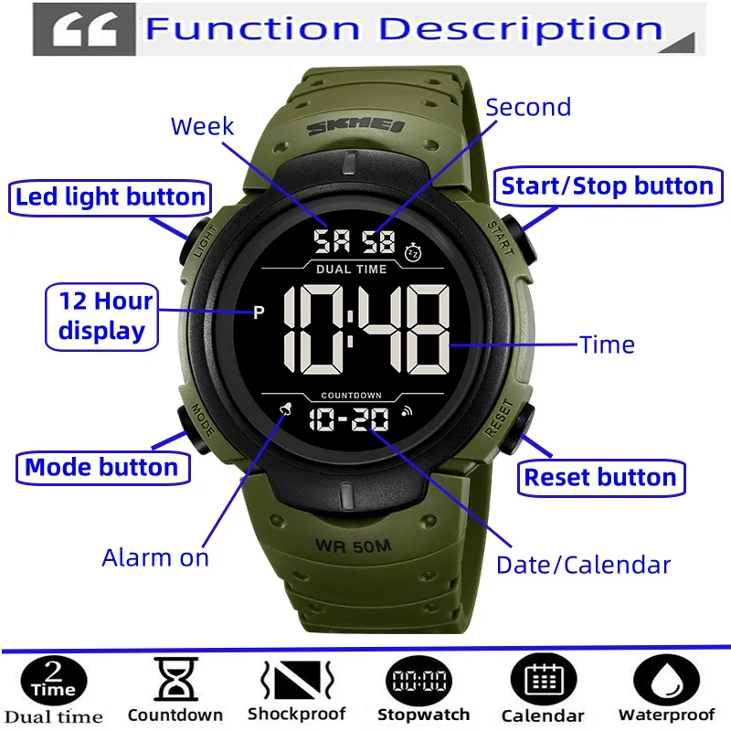Skmei Waterproof Swimming Sports Watches for Mens 12 24 Hour LED Light Chronograph Dual Time Zones Digital Alarm Clock