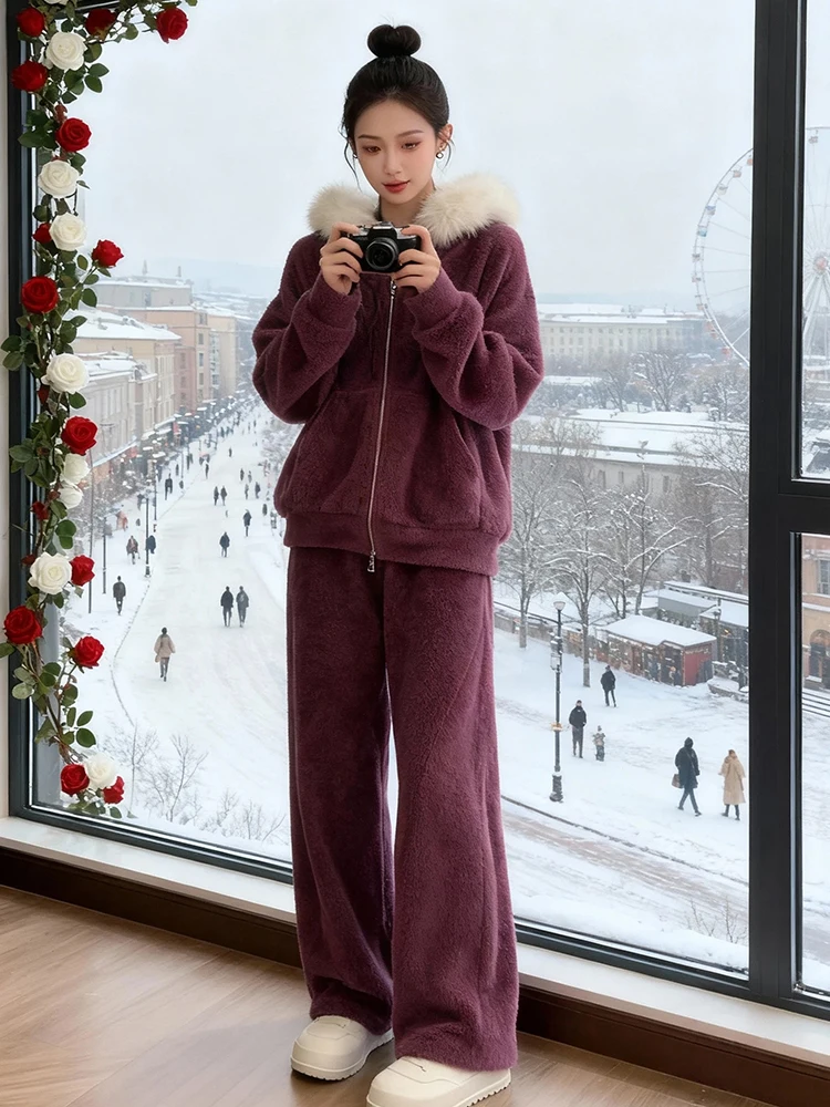 

Winter Spor Women's Set with Fur Collar Wide Leg Two-Piece Suit Lazy Sle Sweatirt Jaet Loose Fit Casual Outfit