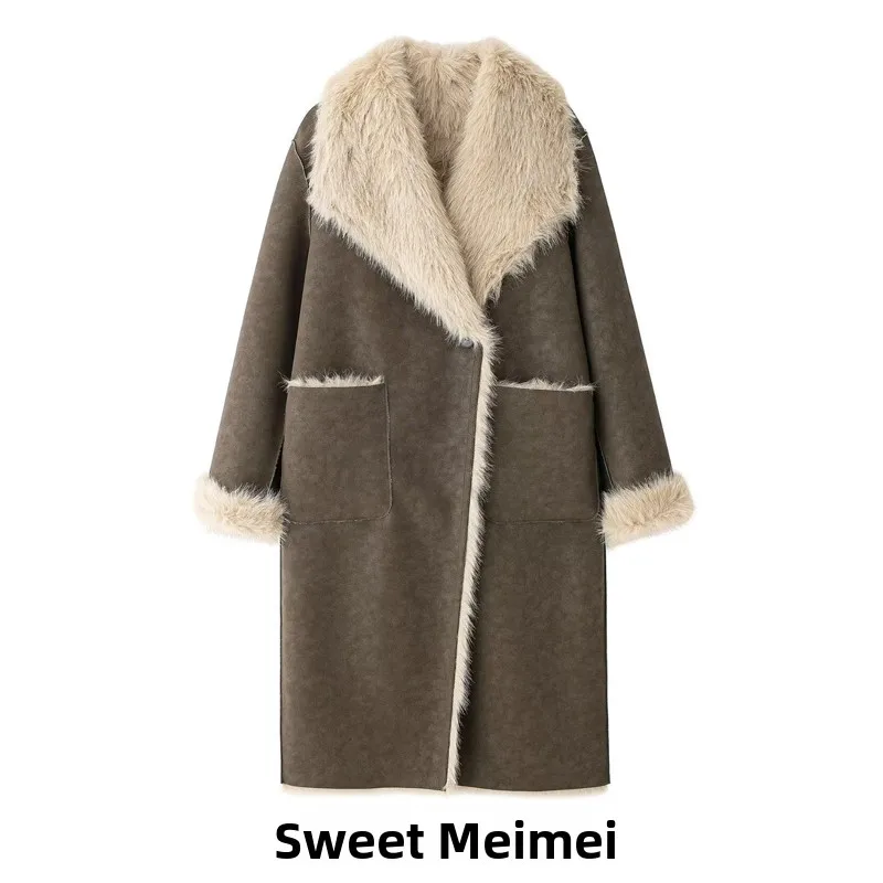 

Двустороннее длинное пальто для женщин: модное, в стиле кэжуал, из кожи и меха, осенне-зимняя новинка, верхняя одежда