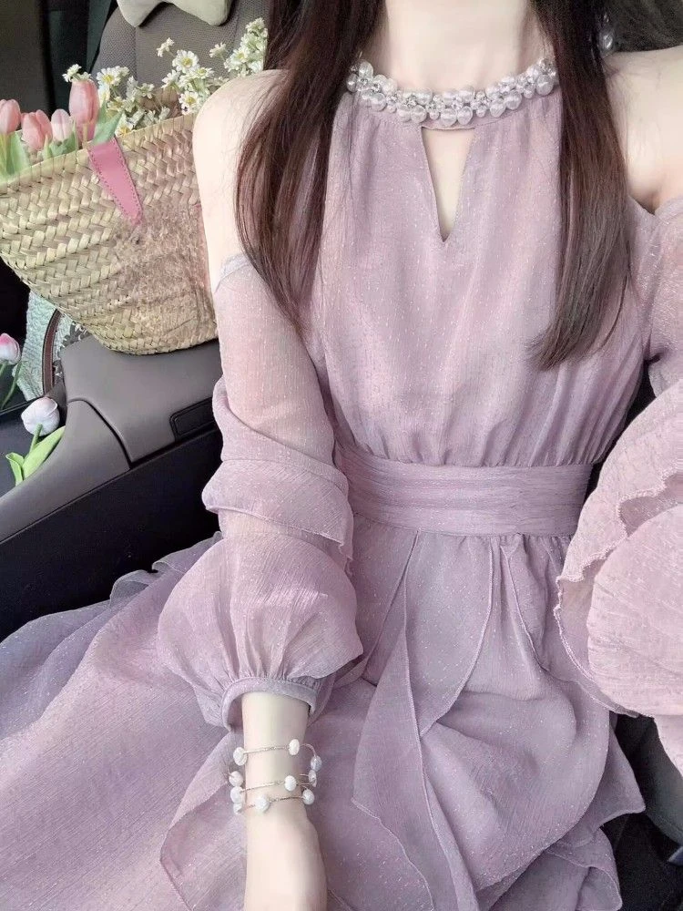 OCEANLOVE Purple Long Dresses French Style Solid Beading Spring Summer Vestidos Mujer Elegant Korean Fashion Women Dress