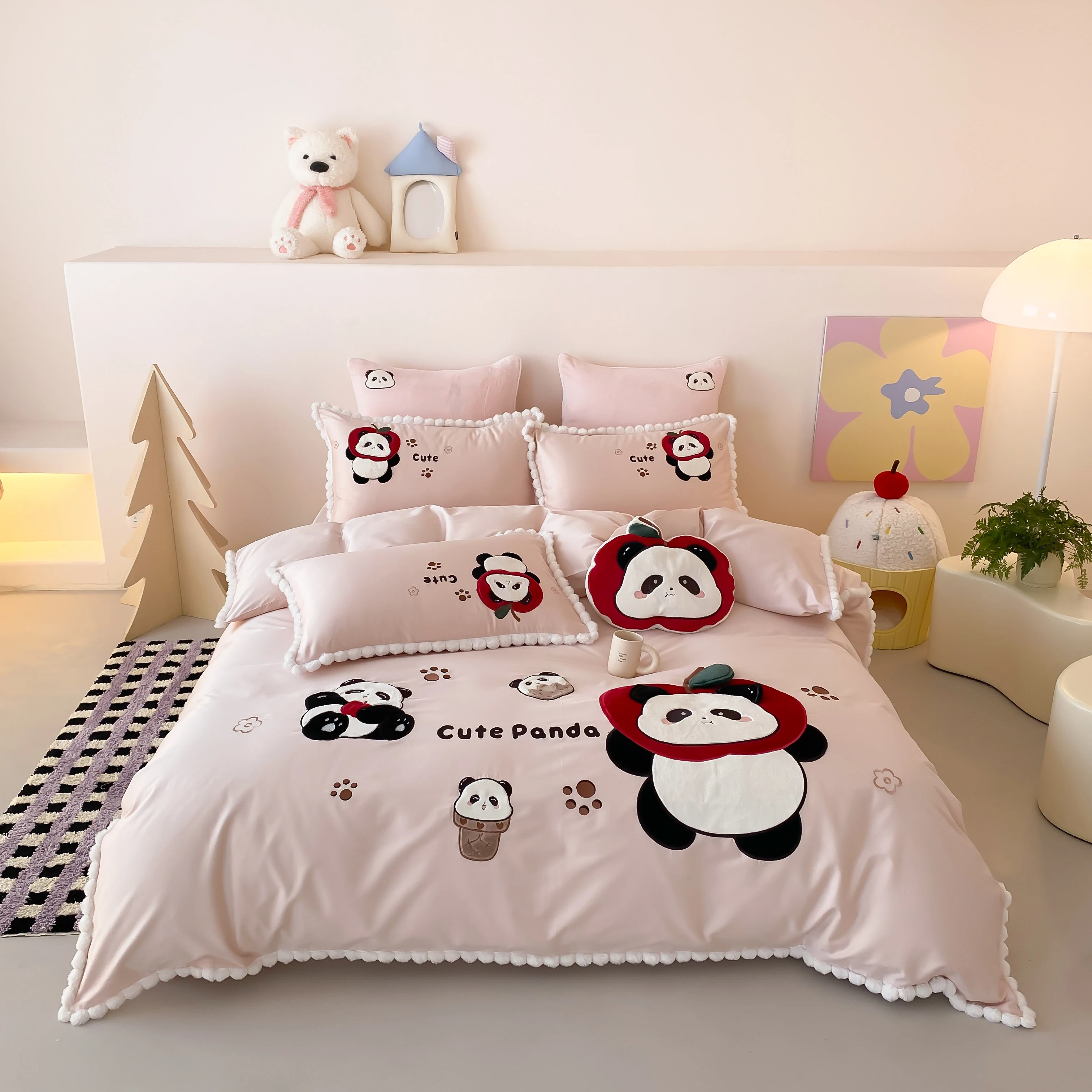 Cute 3D Panda Applique Bedding Set Queen Size, Pink Pom Pom Fringe Duvet Cover Set Kids Cartoon Bed Linen 4Pcs