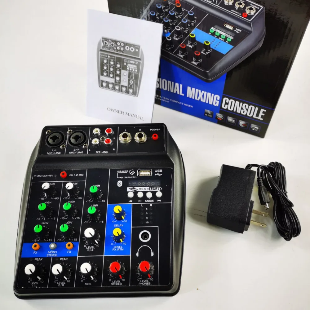 Mini Audio Mixer 4-kanaals geluidskaart Bluetooth Muziekconsole Power Stereo met netsnoer US PLUG DJ-apparatuur Geluidsmixing