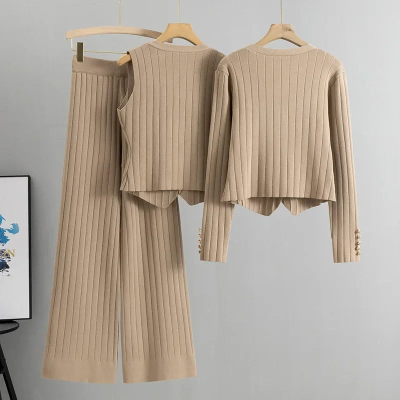 Korean High Waist Knitwear Wide Leg Pants Outfit Vintage Slim Knitted Women V-neck Cardigan and Vests Tops Pants 3 Piece Sets