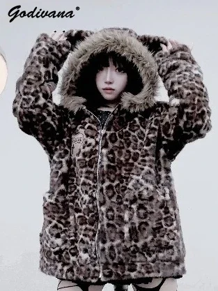 Y2K Leopard Print Faux Mink Fur Hooded Coat New Winter Female Girls Cute 3D Cat Ear Warm Fluffy Plush Women Outerwear Jacket